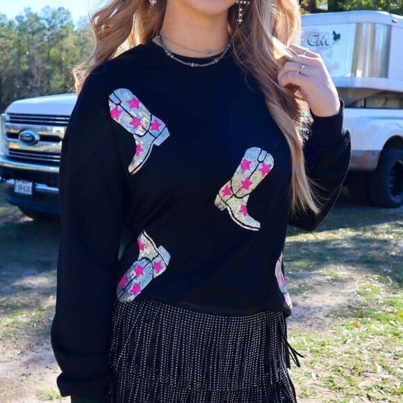 Made for Sparklin' Long Sleeve Sequin Boots Tee - Picture 1 of 8
